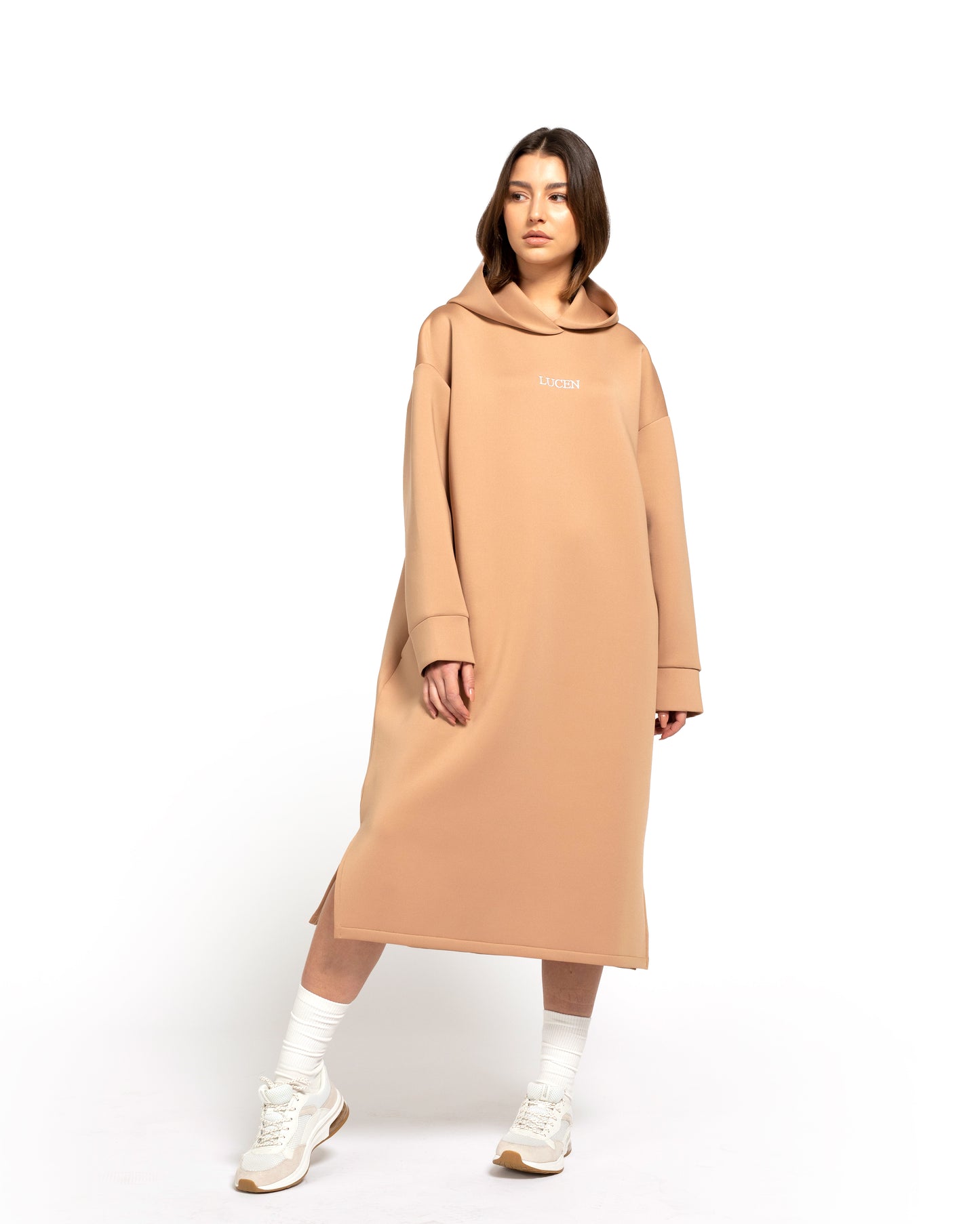 Scuba Oversized Hoodie dress Beige