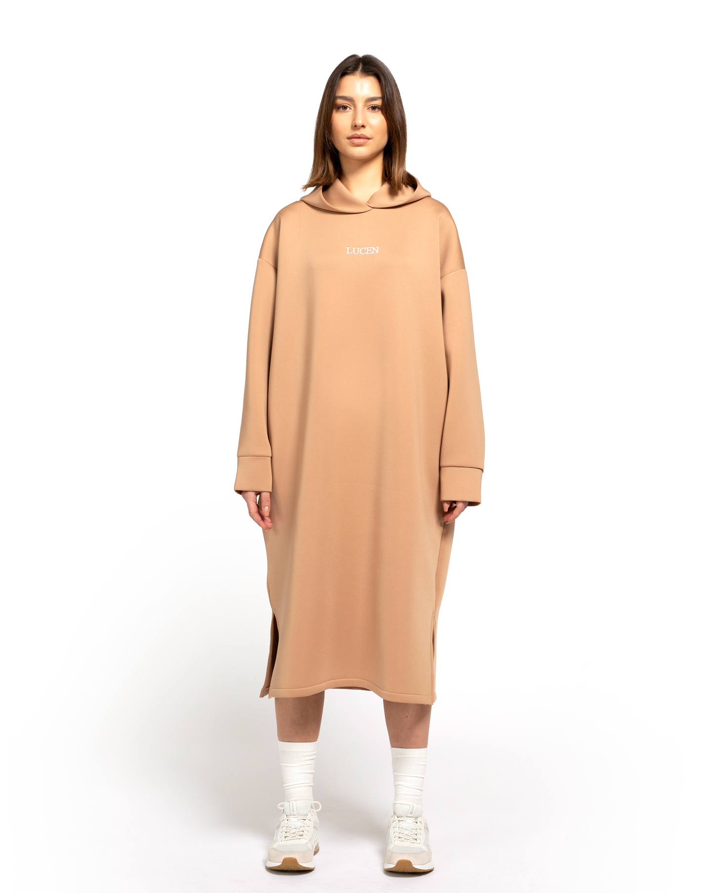 Scuba Oversized Hoodie dress Beige